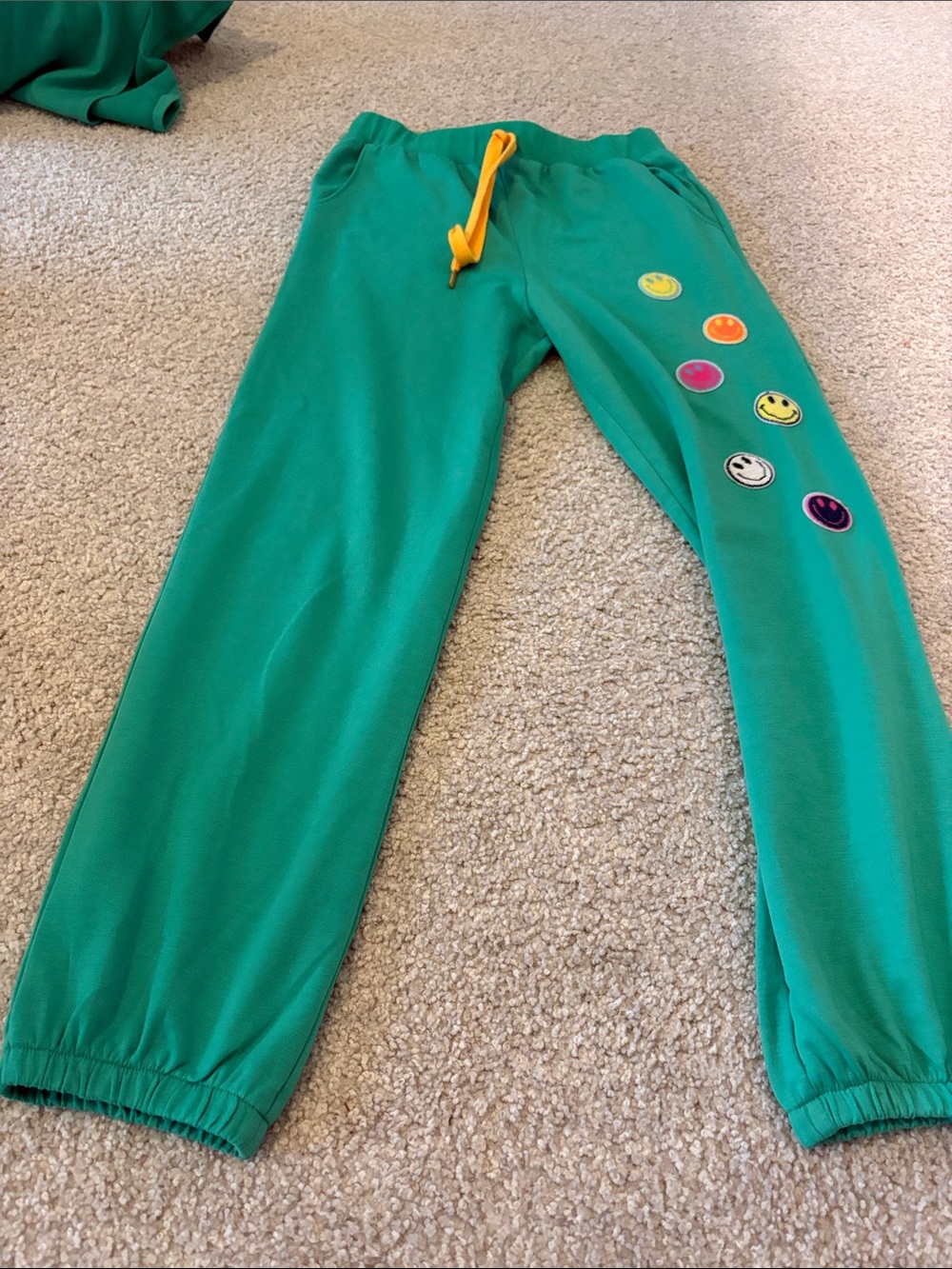 Hannah Banana Teal Joggers with Yellow Drawstring and Multicolor Smile Patches